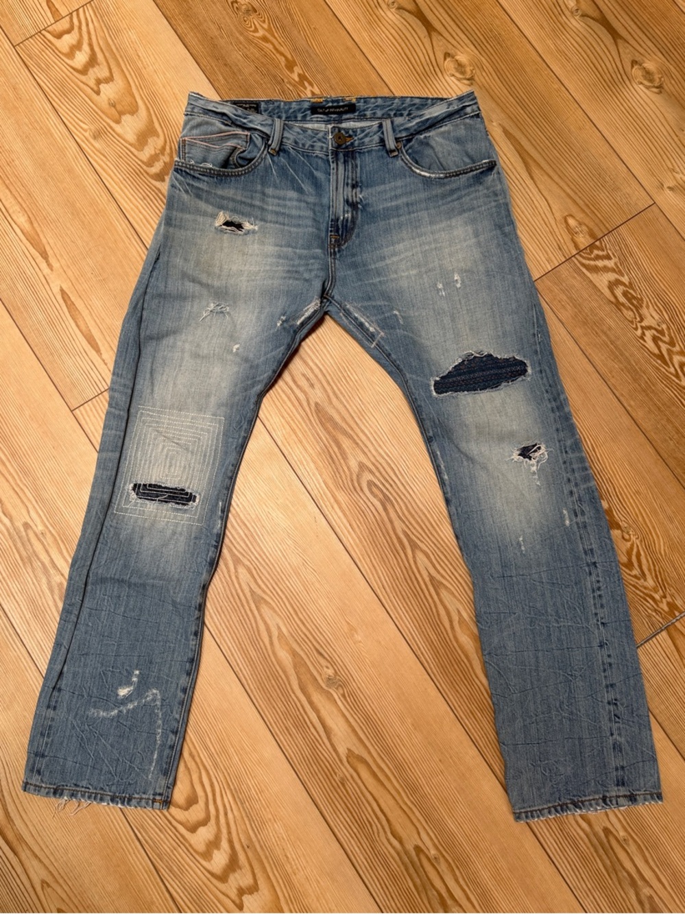 Cult of Individuality Light Blue Washed Distressed Slim Straight Jeans